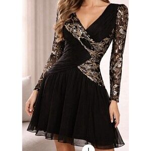 Mignon New York Black Cocktail Prom Dress Ruched, Sheer Chiffon Sleeves USA  2